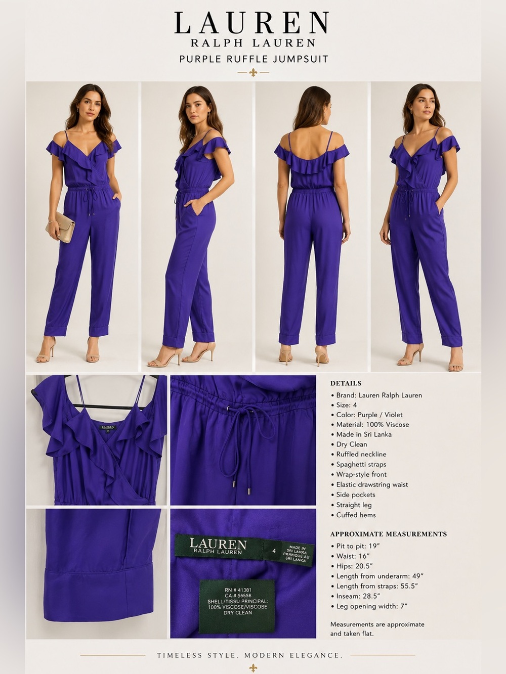 Lauren Ralph Lauren Purple Ruffle Viscose Jumpsuit Size 4